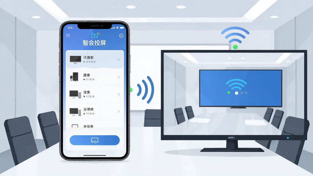 画面中央放置一部智能手机,手机屏幕显示“智会投屏”应用界面,界面中包含设备搜索列表与投屏按钮,手机右侧连接一台大屏幕电视,电视屏幕同步显示手机画面内容,背景为简洁的现代会议室环境,布局采用左右对称构图,风格为扁平化科技插画,细节包含无线信号波纹图标与设备连接状态标识,画质清晰明亮,画面干净无多余装饰元素