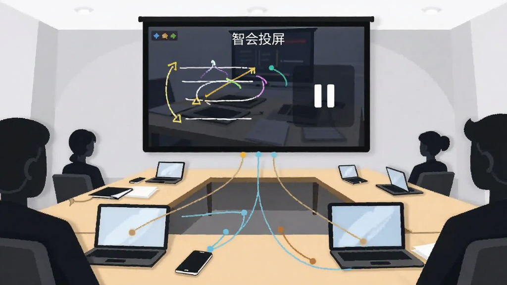 画面描绘一个会议场景,长桌上放置笔记本电脑与手机,前方大屏幕显示“智会投屏”的投屏界面,屏幕上有批注标记与暂停按钮图标,布局为横向展开的会议室视角,风格为商务扁平插画,细节包含参会人员剪影与设备连接线条,画质清爽干净,无多余装饰