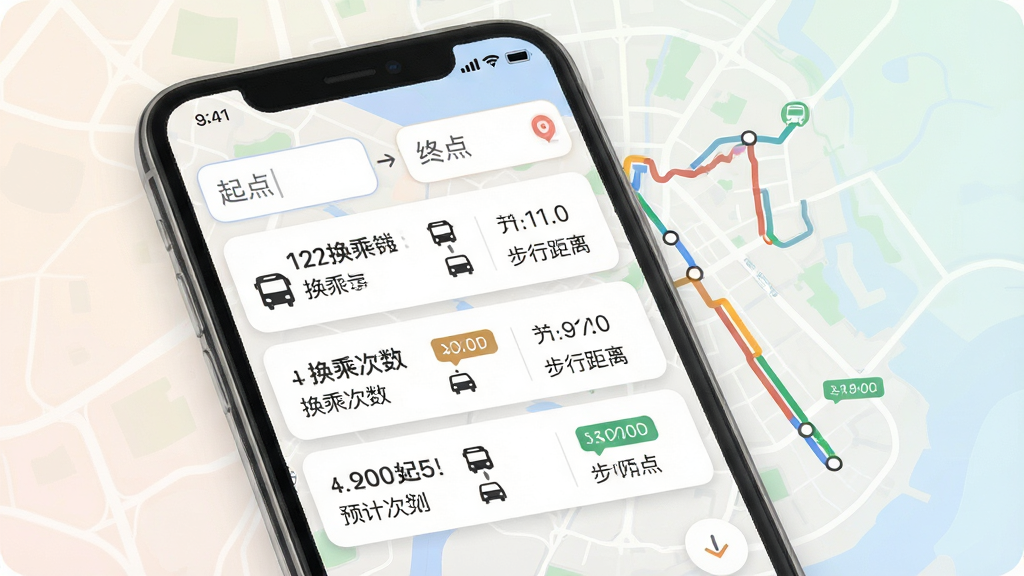 一张表现智能线路规划功能的界面示意图,画面中手机屏幕显示起点与终点输入框以及三条备选公交方案列表,每条方案包含线路编号、换乘次数、预计时间和步行距离,地图区域用不同颜色线条区分各方案路径,整体采用柔和的浅色背景与圆角卡片设计,细节包括换乘站点图标和时间标签,画质清晰,排版整洁