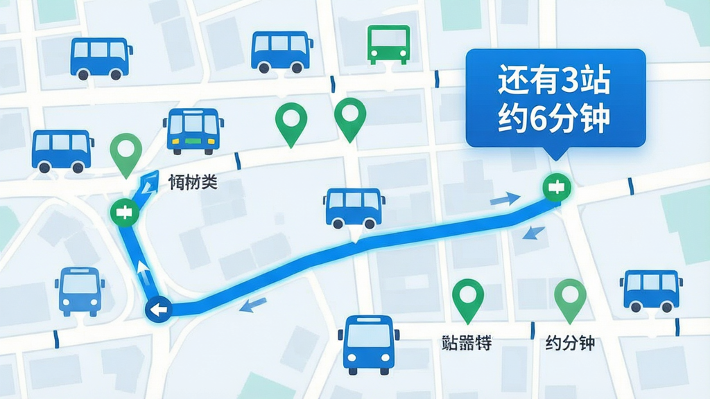 一张表现实时公交追踪功能的视觉图,画面以城市地图为底,地图上分布着多个蓝色公交车图标和绿色站点标记,一条高亮路线连接起当前位置与目标站点,旁边悬浮显示