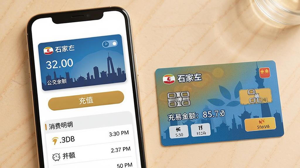 一张展示公交卡在线服务功能的场景图,画面中手机屏幕呈现公交卡余额卡片、充值按钮和消费明细列表,卡片以石家庄城市剪影为装饰元素,旁边放置一张实体公交卡作为对比参照,整体风格温馨实用,细节包括余额数字、充值金额选项和交易时间记录,画质清晰,画面干净无冗余