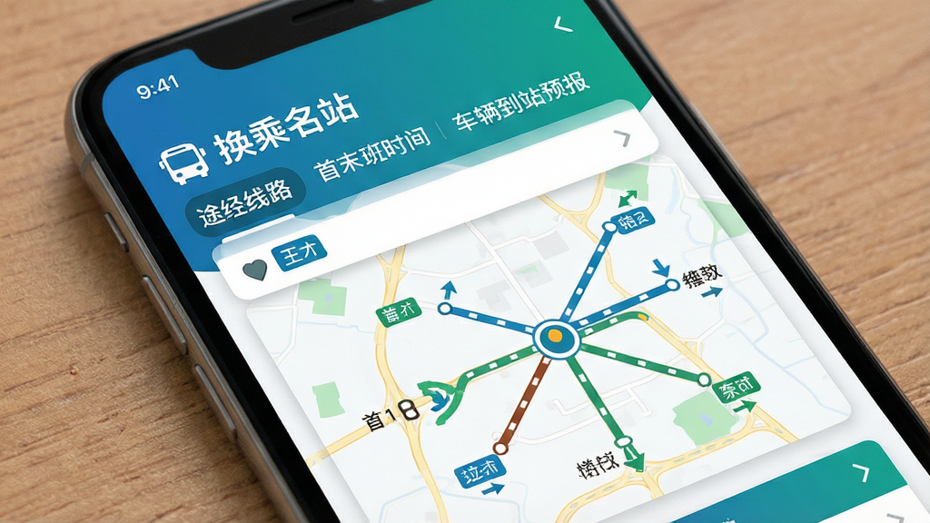 一张表现站点与换乘查询功能的界面图,画面中手机屏幕显示某个公交站点的详细信息页,包含站点名称、途经线路列表、首末班时间和车辆到站预报,地图上以站点为中心向外辐射出多条线路走向,整体采用信息卡片式布局,配色以蓝绿为主,细节包括线路编号标签和方向箭头,画质清晰锐利,排版清爽