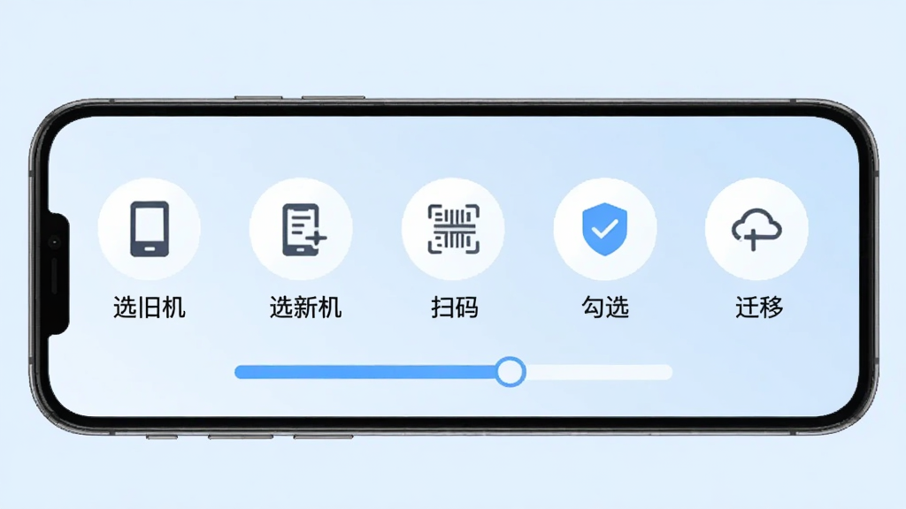 手机换机搬家快速操作流程界面,屏幕上显示五个步骤图标横向排列,分别为“选旧机”“选新机”“扫码”“勾选”“迁移”,每个步骤下方有简短文字说明,背景为浅蓝色,扁平化设计,画面中央有进度条,高清画质