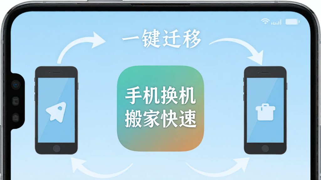 一部智能手机屏幕中央显示“手机换机搬家快速”应用图标,图标两侧各有一部手机通过弧形箭头连接,背景为浅蓝色渐变,画面中央有“一键迁移”字样,扁平化设计风格,界面干净整洁,高清画质,无多余装饰元素