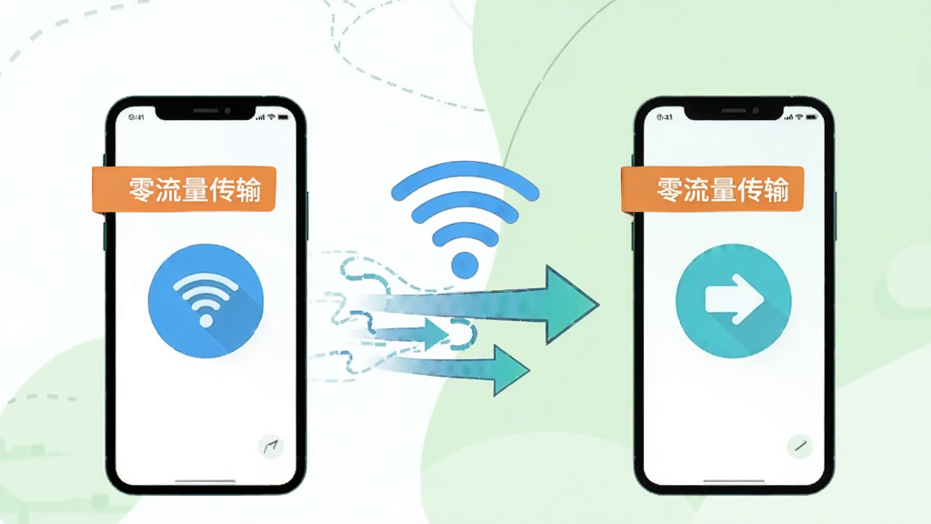 手机换机搬家快速应用界面展示两部手机通过Wi-Fi信号图标相连,屏幕显示“零流量传输”标签,背景为白色与淡绿色搭配,扁平化插画风格,画面中央有数据流动的箭头符号,干净简洁,高清画质