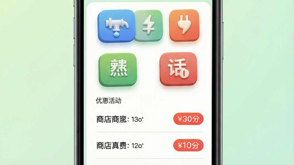 一张生活缴费与优惠权益界面的示意图,画面中一部手机竖屏显示,屏幕上半部分为缴费图标网格,包含水费、电费、燃气费、话费四个彩色图标,下半部分为优惠活动列表,每条活动带有商户名称和折扣标签。背景为浅绿色渐变,风格为清新浅色风,细节包括图标立体感和列表分隔线,画质高清,画面干净,无多余元素。