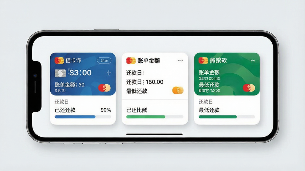一张信用卡账单管理界面的示意图,画面中一部手机横置,屏幕上以卡片形式并列展示三张不同银行的信用卡账单,每张卡片标注“账单金额”“还款日”“最低还款”字样,卡片下方有进度条显示已还比例。背景为淡灰色,风格为商务简约风,细节包括卡片圆角和柔和阴影,画质清晰,画面干净,无多余元素。
