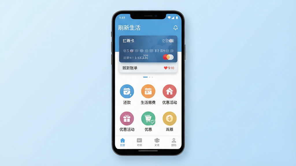 一张手机界面展示图,画面中央是一部竖屏安卓手机,屏幕上显示“刷新生活”应用的主页,主页顶部有信用卡账单卡片,中部排列着还款、生活缴费、优惠活动等圆形图标,底部是导航栏。整体布局简洁清晰,背景为浅蓝渐变,风格为现代扁平化UI设计,细节包括卡片阴影和图标描边,画质高清,画面干净,无多余元素。