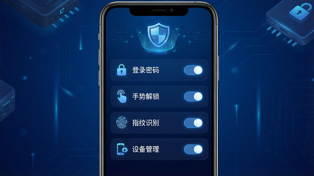 一张账户安全设置界面的示意图,画面中一部手机竖屏显示,屏幕上列出“登录密码”“手势解锁”“指纹识别”“设备管理”四个设置项,每项右侧有开关按钮,顶部有盾牌图标。背景为深蓝色渐变,风格为安全科技风,细节包括图标发光效果和开关高亮,画质清晰,画面干净,无多余元素。