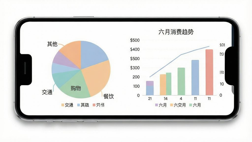 一张消费统计图表的示意图,画面中一部手机平放,屏幕上显示一个饼状图和一组柱状图,饼图分块标注“餐饮”“购物”“交通”“其他”,柱状图展示近六个月消费趋势。背景为白色,风格为数据可视化风格,细节包括图表配色柔和、图例清晰,画质高清,画面干净,无多余元素。