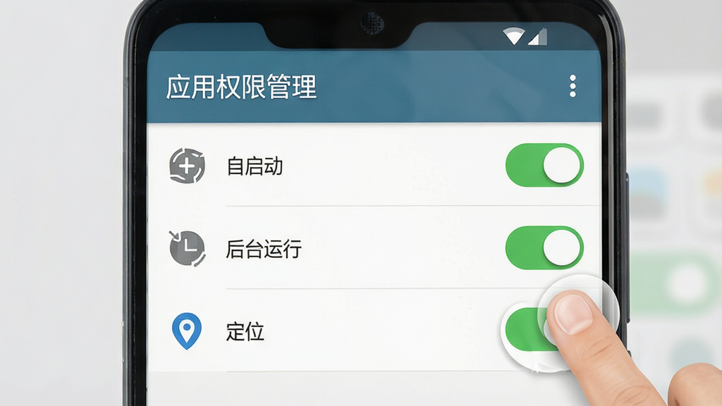 一张手机安全设置操作示意图,画面中一部安卓手机屏幕显示“应用权限管理”页面,列表中“自启动”“后台运行”“定位”三个权限开关处于开启状态,旁边有手指点击的示意。背景为浅灰色,风格为教程示意图风格,细节包括权限图标和开关高亮,画质清晰,画面干净,无多余元素。