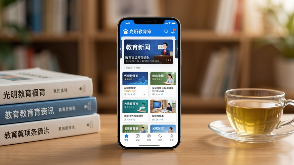 画面主体为一部竖屏智能手机,屏幕中央展示“光明教育家”应用首页界面,界面采用清爽白蓝配色,顶部有教育新闻轮播图,中部排列多个教育资讯卡片,底部为导航栏;手机置于木质书桌桌面,旁边摆放一摞教育类书籍与一杯清茶,背景为柔和虚化的书房环境,光线温暖自然;整体风格为写实产品展示风,构图居中平稳,细节清晰,画质高清,画面干净无多余元素