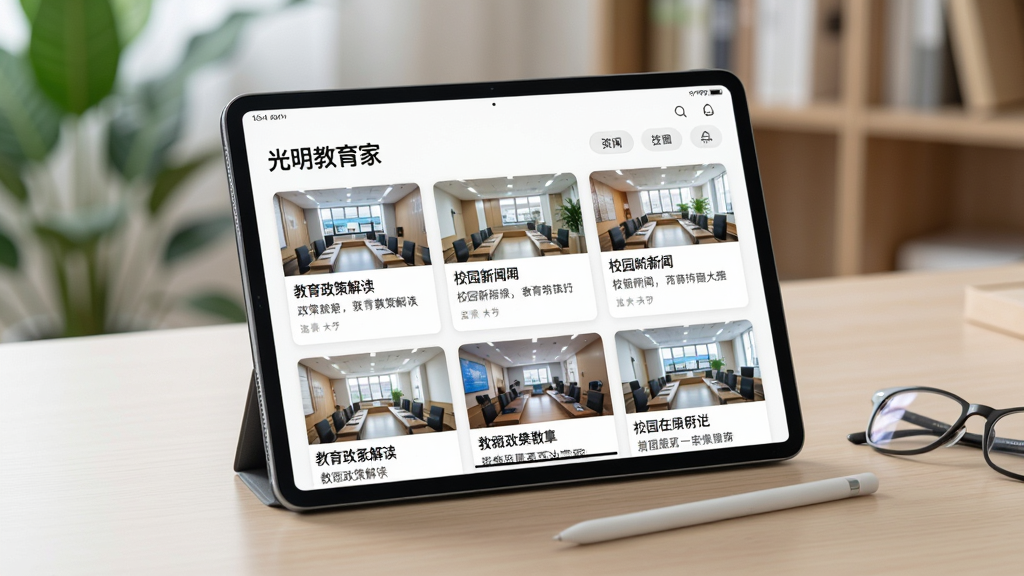 画面主体为一台横屏平板电脑,屏幕显示“光明教育家”资讯列表页面,页面上排列着教育政策解读与校园新闻卡片,卡片带有缩略图与标题文字;平板放置在浅色木质桌面,旁边有一支触控笔与一副眼镜,背景为虚化的绿植与书架;风格为清新办公场景写实风,光线明亮柔和,构图采用斜角俯拍,画质清晰细腻,画面干净整洁