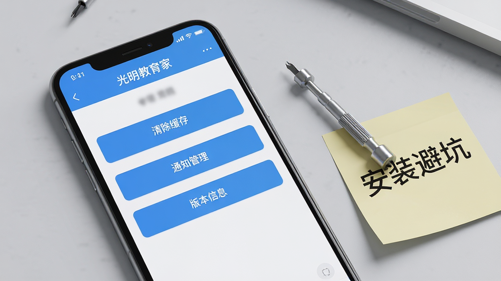 画面主体为一部手机屏幕特写,显示“光明教育家”应用设置页面,页面上有清除缓存、通知管理、版本信息等选项按钮;手机旁放置一把小螺丝刀与一张写有“安装避坑”字样的便签纸,背景为浅灰色桌面;风格为科技数码写实风,光线均匀,构图紧凑,细节锐利,画质高清,画面干净无多余装饰