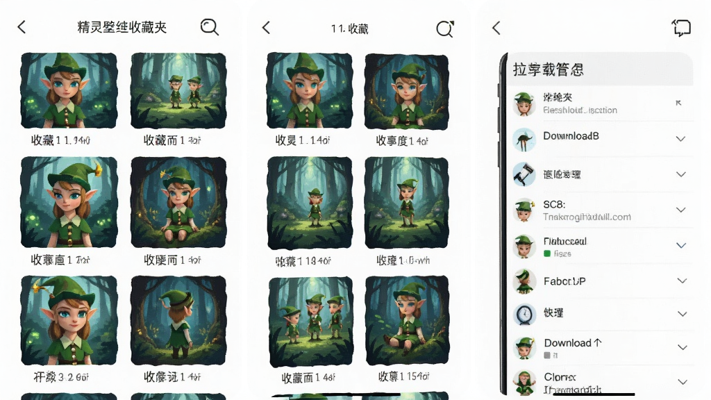 精灵壁纸收藏夹与下载记录页面的手机界面图,屏幕内展示收藏壁纸缩略图和下载管理列表,布局清晰,风格简约,画质高清,干净无多余元素