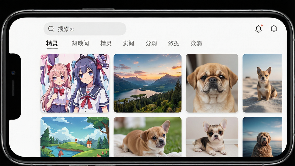 一张展示精灵壁纸软件界面的手机样机图,画面中央是手机屏幕,屏幕内呈现精灵壁纸应用首页,顶部有搜索框和分类标签,下方是网格排列的高清壁纸缩略图,包含二次元、风景、萌宠等分类,整体布局整洁,风格清爽现代,细节清晰,画质高清,干净无多余元素