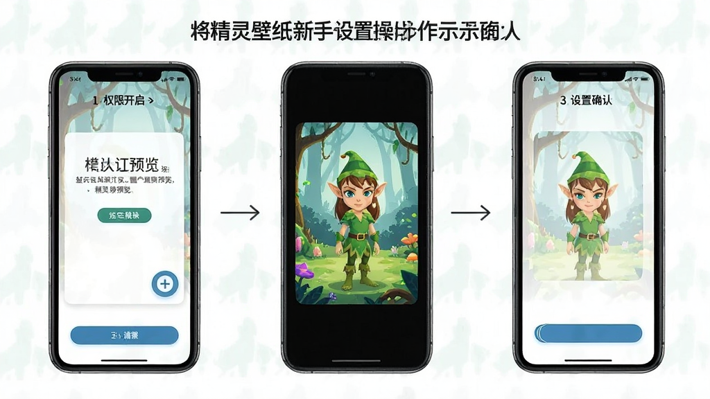精灵壁纸新手设置操作步骤示意图,画面以手机界面分步展示权限开启、壁纸预览、设置确认三个环节,布局清晰,风格简洁,画质高清,干净无多余元素