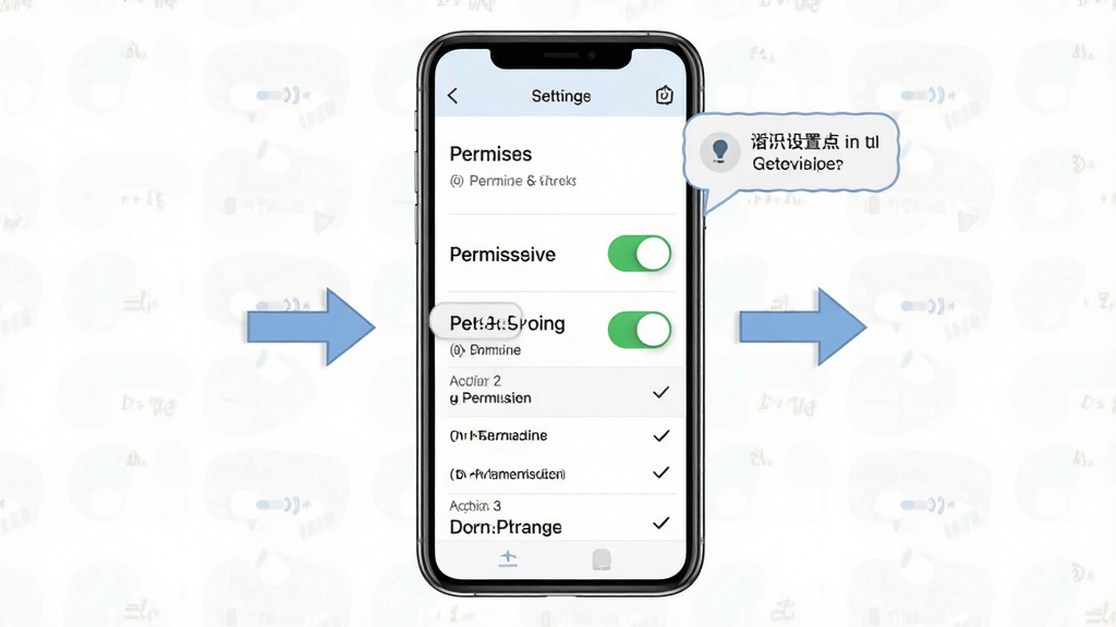 一张手机应用安装与设置引导示意图,主体为手机屏幕显示权限开关与设置列表,布局为手机居中配以箭头指引,排版清晰分步骤展示,风格为简约说明风,细节包括开关按钮、勾选图标、提示气泡,画质干净高清无多余元素