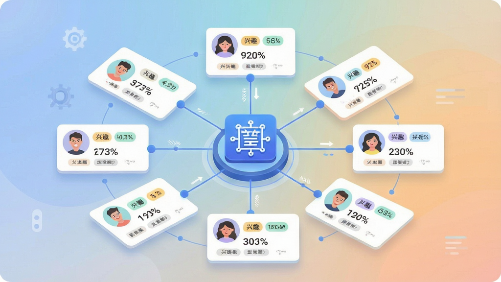 一张社交应用智能推荐功能展示图,主体为悬浮的用户卡片与连接线条,布局为卡片环绕中心算法图标呈放射状排列,排版层次分明,风格为科技感扁平插画风,细节包括兴趣标签小图标、匹配度百分比、柔和渐变背景,画质清晰干净无多余元素