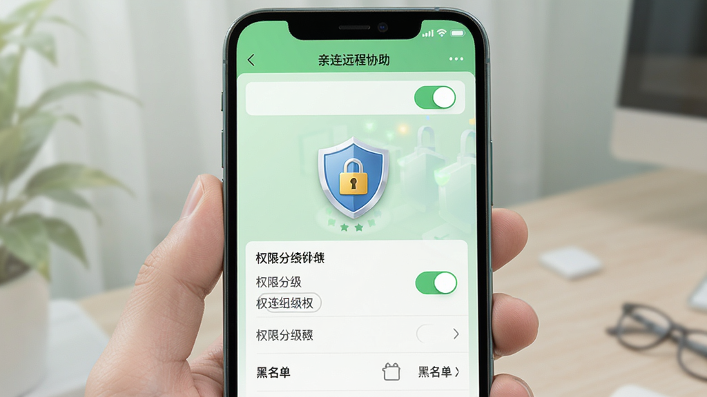 手机界面展示“亲连远程协助”的权限设置页面,包含开关按钮与权限列表,画面中央有一枚盾牌图标与锁形标识,背景为浅绿色安全主题,布局上下分层清晰,风格简洁可信,细节包含权限分级选项与黑名单入口,画质明亮干净,无多余元素