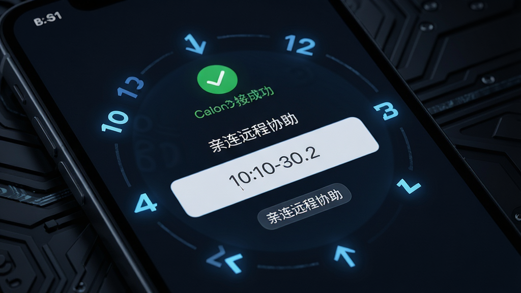 一部手机屏幕特写,屏幕中央显示“亲连远程协助”的连接码输入框,周围环绕发光的数字与箭头,背景为深色科技质感,布局聚焦屏幕主体,风格简约现代,细节包含连接成功状态图标与设备名称,画质高清干净,无杂乱元素