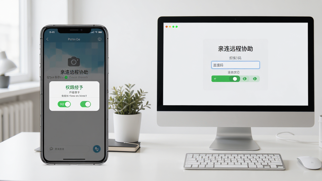 一部手机与一台电脑同时展示“亲连远程协助”的使用场景,手机端显示权限授予弹窗,电脑端显示连接码输入界面,背景为简洁的桌面环境,布局左右呼应,风格写实办公风,细节包含权限开关与连接状态标识,画质清晰自然,无多余元素