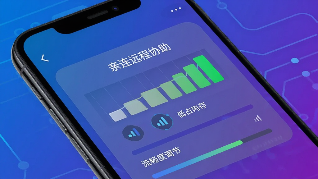 手机屏幕显示“亲连远程协助”的连接状态面板,信号格从弱到强渐变,画面中包含网络波动曲线与自适应调节标识,背景为蓝紫色科技渐变,布局以数据可视化为中心,风格动感现代,细节包含低占用内存提示与流畅度指示,画质清晰锐利,无杂乱背景