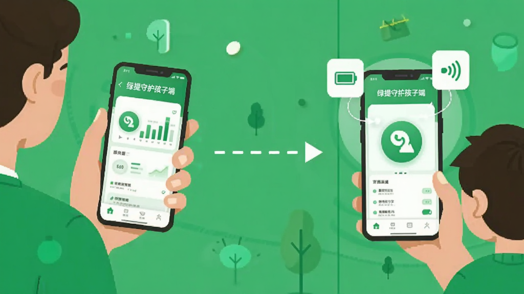 画面左侧为家长手持手机查看数据面板,右侧为孩子端手机悬浮显示电量与网络信号图标,中间以虚线箭头连接表示数据同步,扁平化科技插画风格,主色调为绿色与白色,布局左右对称,画质干净清晰,图中手机界面带有