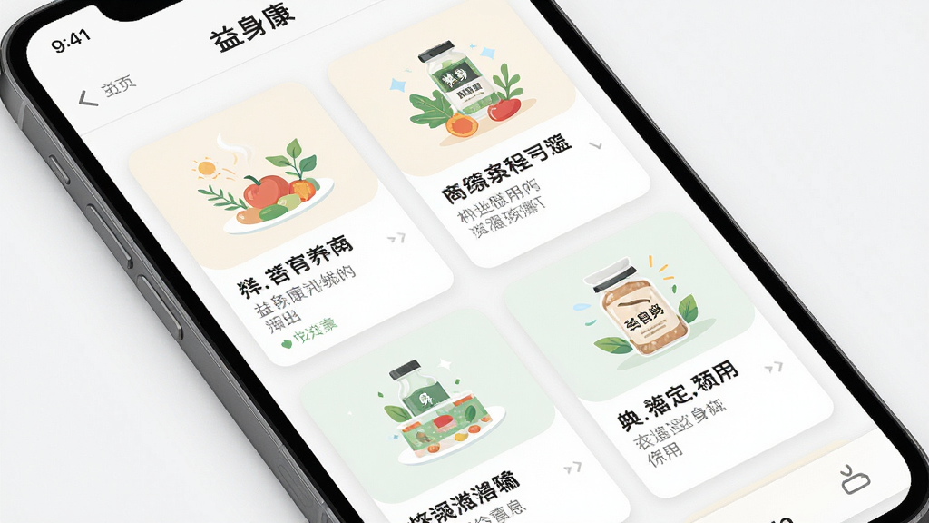 益身康应用内科普文章列表页面,手机屏幕显示多篇养生文章卡片,每张卡片配有简洁插图与标题文字,整体排版疏朗,风格清爽,细节丰富,画质清晰,干净无多余元素