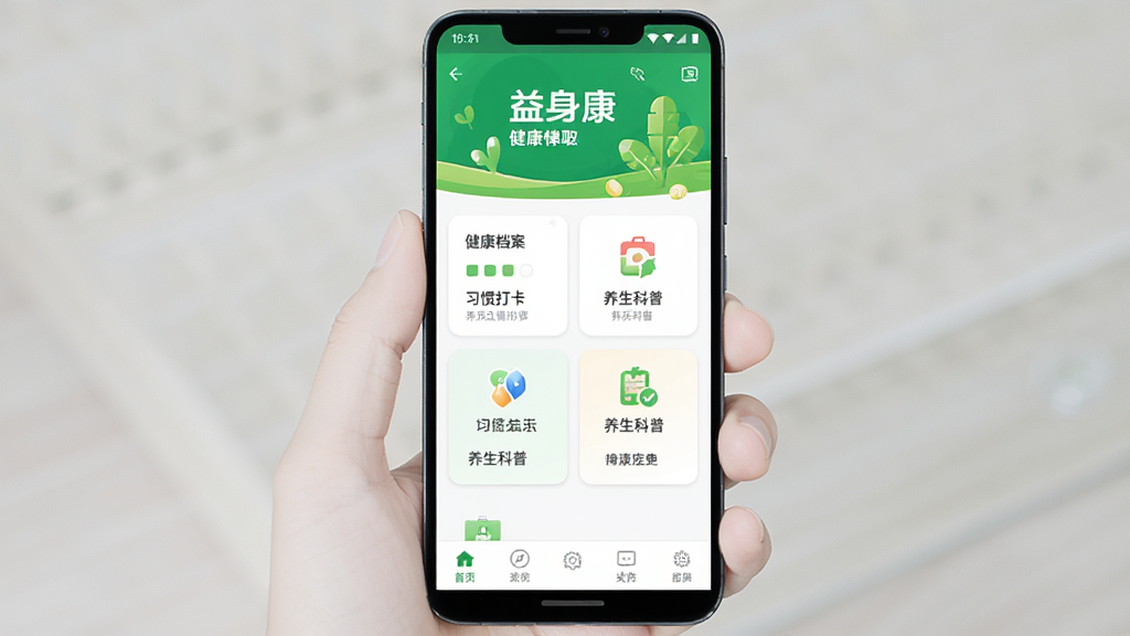 一部安卓手机屏幕显示益身康应用首页界面,页面顶部有绿色健康主题横幅,中部排列健康档案、习惯打卡、养生科普等功能卡片,底部导航栏清晰,整体布局整洁,风格清新简约,细节丰富,画质清晰,干净无多余元素