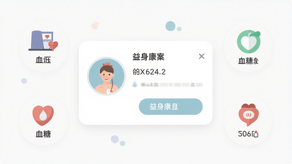 益身康应用内健康档案页面截图风格插画,画面中央是个人信息卡片,周围环绕血压、体重、血糖等数据小图标,布局清晰,风格扁平化,配色柔和,细节到位,画质清晰,干净无多余元素