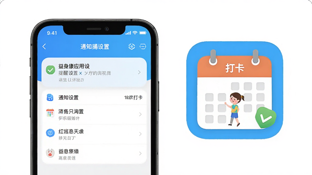 益身康应用提醒设置页面示意插画,画面展示手机通知设置界面与打卡日历图标,布局简洁,风格明快,细节清晰,画质干净,无多余元素