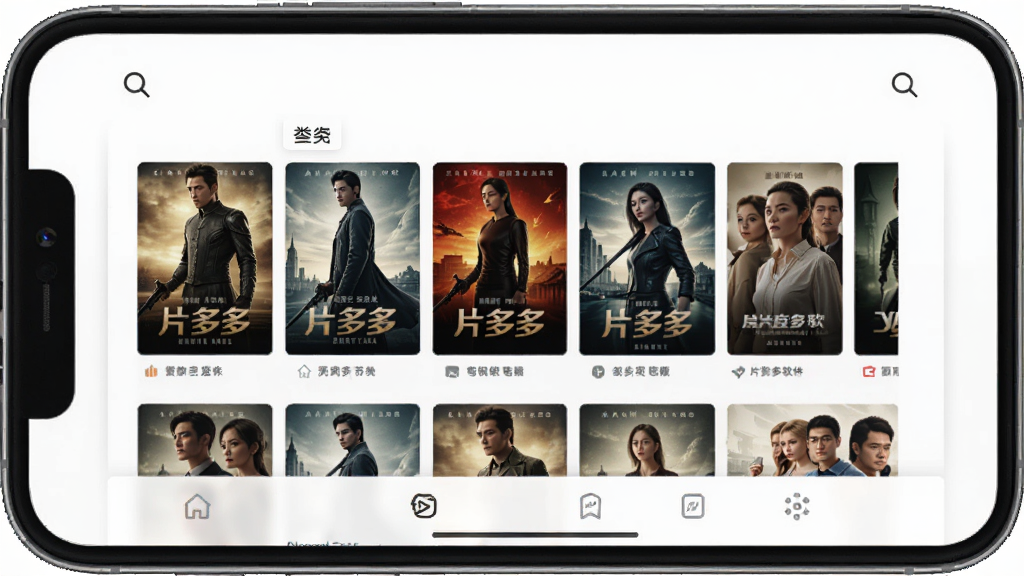 片多多软件主界面展示,手机屏幕居中构图,界面包含影视海报网格与底部导航栏,整体布局清晰简洁,风格为现代扁平化UI设计,细节包含搜索图标与分类标签,画质高清,干净无多余元素