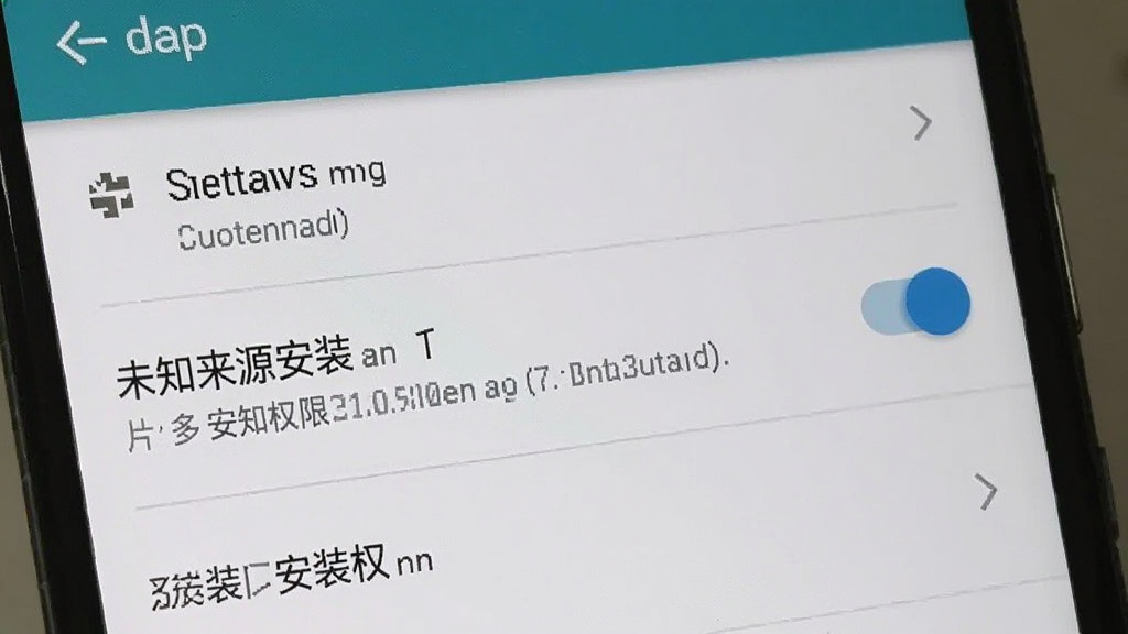片多多安装权限设置示意图,手机屏幕展示安卓系统设置界面中的未知来源安装开关,布局为设置列表局部特写,风格为系统原生UI风格,细节包含开关按钮与权限说明文字,画质清晰,干净无多余元素
