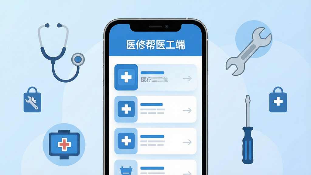 画面主体是一部竖屏智能手机,屏幕中显示蓝白色调的医疗设备维修工单列表界面,顶部有“医修帮医工端”字样,手机周围环绕着听诊器、扳手、螺丝刀等医疗与维修元素图标,背景为浅蓝色渐变,整体采用扁平化科技插画风格,布局居中对称,细节干净利落,画质清晰,无多余元素