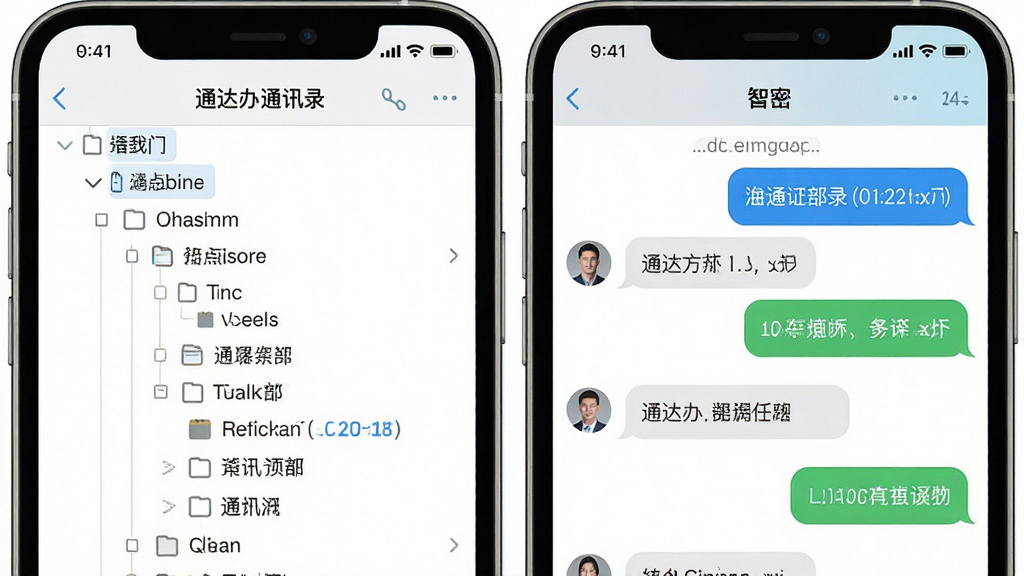 一张展示通达办通讯录与消息功能的界面图,画面为手机屏幕内呈现组织架构树状列表和聊天对话窗口,布局为上下排列展示两个功能页面,风格为简约扁平化UI展示,细节上部门层级用缩进区分、对话气泡清晰,画质干净高清,无多余装饰元素