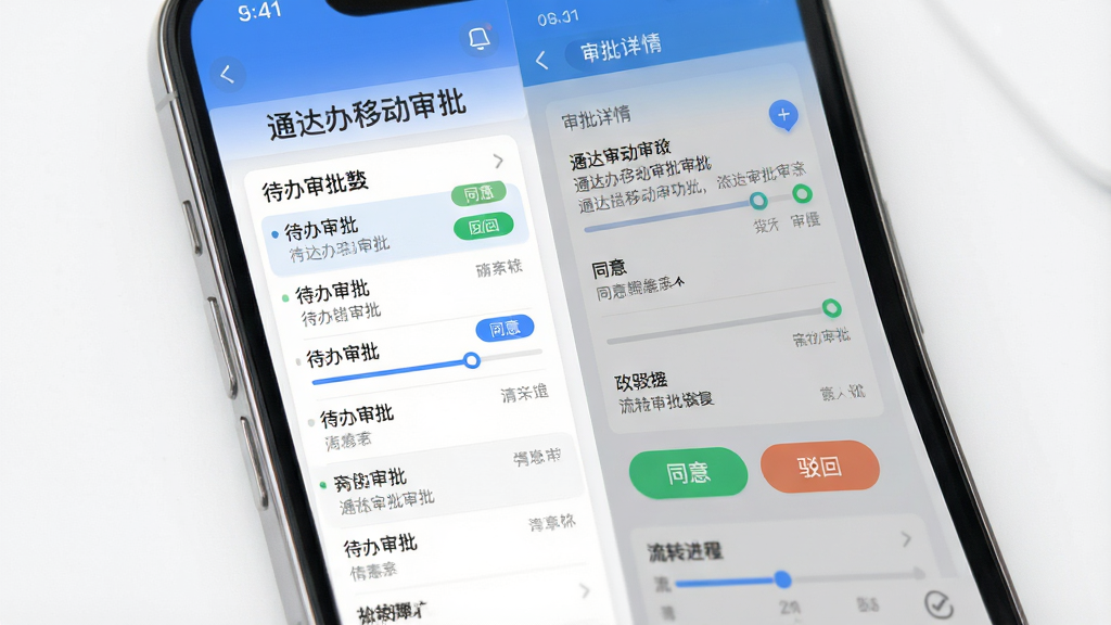 一张展示通达办移动审批功能的界面示意图,画面主体为手机屏幕特写,屏幕内呈现待办审批列表和审批详情页,包含同意与驳回按钮、流转进度条等元素,布局为左右分栏展示两个界面状态,风格为清爽的UI界面展示图,细节上按钮圆角处理、进度条带有节点标识,画质高清,背景干净无杂乱元素