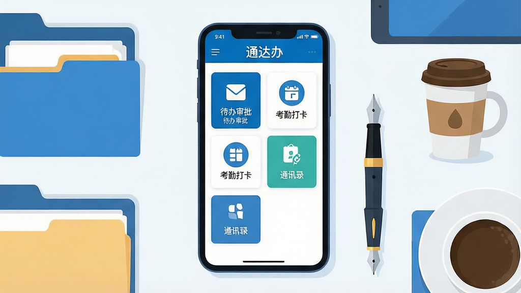 一张展示移动办公场景的图片,画面中央是一部竖屏智能手机,屏幕内显示通达办应用的工作台界面,包含待办审批、考勤打卡、通讯录等功能模块图标,手机两侧分布着文件夹、钢笔、咖啡杯等办公桌面元素,整体布局为居中构图,风格为简洁现代的扁平化插画,细节上手机界面图标排列整齐、色彩以蓝白为主,画质清晰干净,无多余元素
