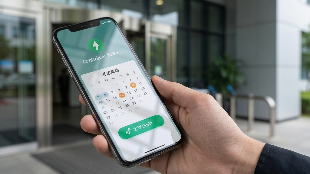 一张展示通达办考勤打卡功能的场景图,画面为一只手握持手机进行打卡操作的近景,手机屏幕显示打卡成功提示与考勤日历,背景为办公楼入口处,布局为对角线构图突出手机屏幕,风格为写实摄影风,细节上屏幕反光自然、打卡按钮醒目,画质清晰,画面干净