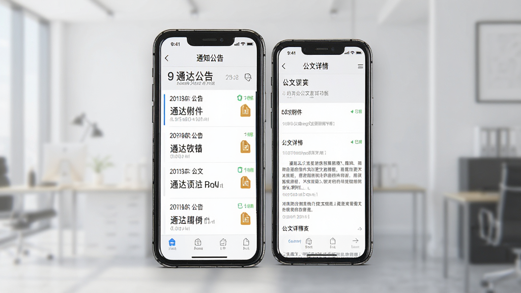 一张展示通达办公文查阅功能的界面示意图,画面主体为手机屏幕显示通知公告列表和公文详情页,包含附件图标与已读状态标识,布局为居中展示手机界面,风格为现代商务风UI展示,细节上列表项带有时间标签、附件图标清晰可辨,画质高清,背景简洁