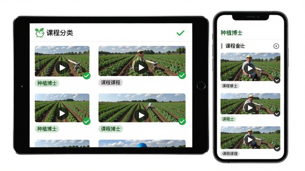 主体为平板电脑与手机组合,屏幕中展示“种植博士”视频课程列表,画面中有农田实拍缩略图与播放图标;布局为设备前后错落摆放;排版整齐有序;风格为写实农业教学风;细节含课程分类标签、绿色勾选标记;画质清晰干净,无多余元素
