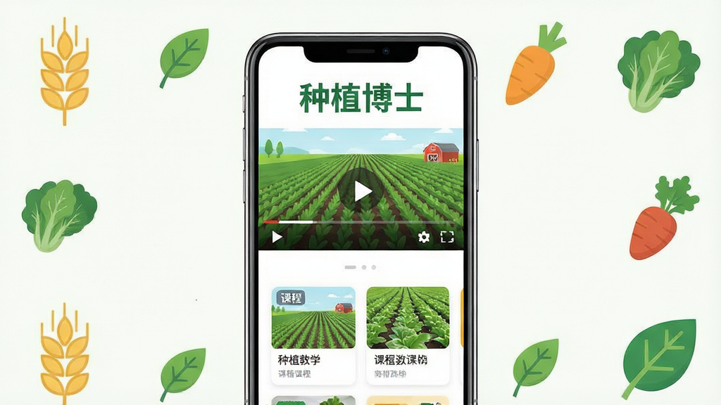 主体为一部智能手机,屏幕中显示绿色农田与种植教学视频播放界面,上方有“种植博士”文字标识;布局为手机居中、四周环绕麦穗与蔬菜图标;排版简洁居中;风格为清新扁平化农业科技风;细节包含播放按钮、课程卡片、叶片元素;画质清晰干净,无多余元素