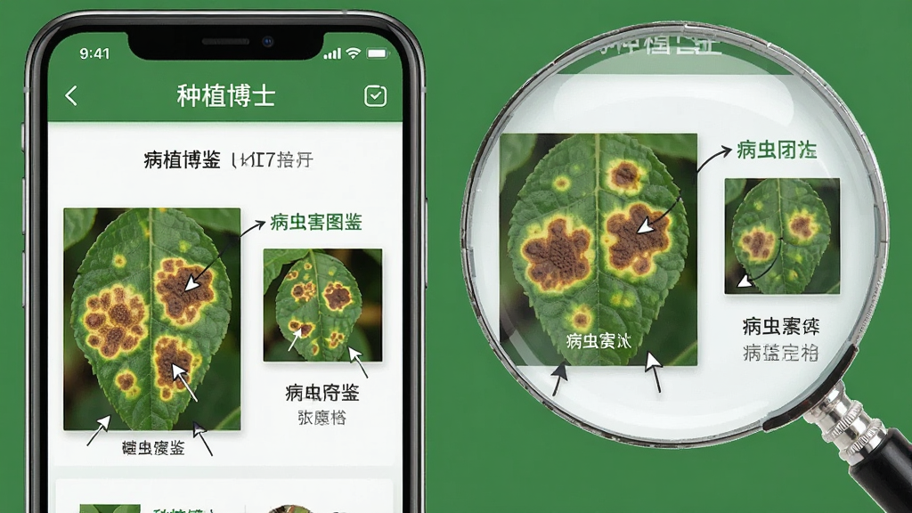 主体为手机与放大镜组合,屏幕中显示“种植博士”病虫害图鉴页面,画面中有叶片病斑特写与对照说明;布局为手机居左、放大镜居右;排版左右呼应;风格为科普图鉴风;细节含病斑纹理、标注箭头、绿色底色;画质清晰干净,无多余元素