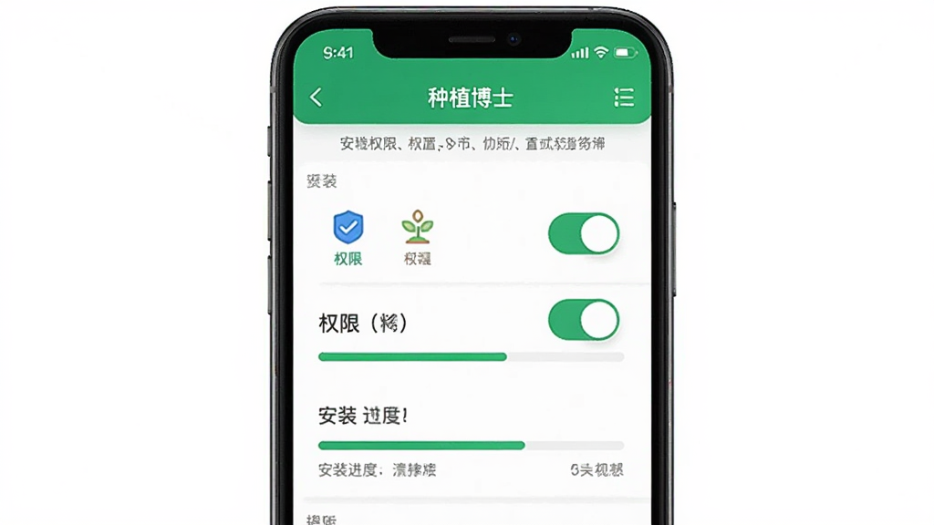 主体为手机屏幕展示“种植博士”权限设置与安装界面,画面中有权限开关与安装进度条;布局为手机居中;排版上下结构;风格为操作指引风;细节含权限图标、进度条、提示文字;画质清晰干净,无多余元素
