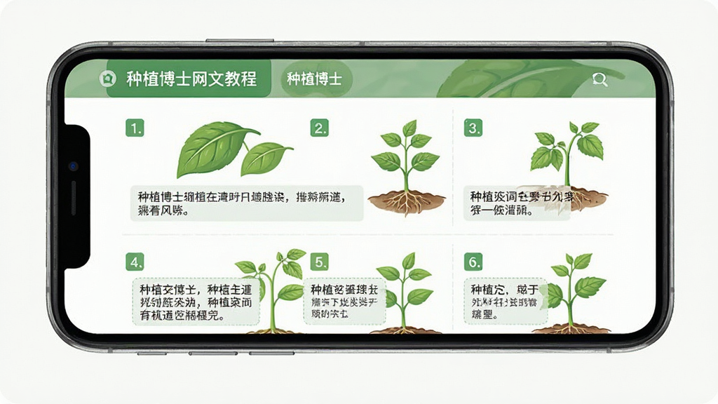 主体为手机屏幕展示“种植博士”图文教程页面,画面中有步骤序号与作物生长插图;布局为手机正面居中;排版上下分栏;风格为简约图文教程风;细节含步骤编号、叶片配图、文字段落;画质清晰干净,无多余元素