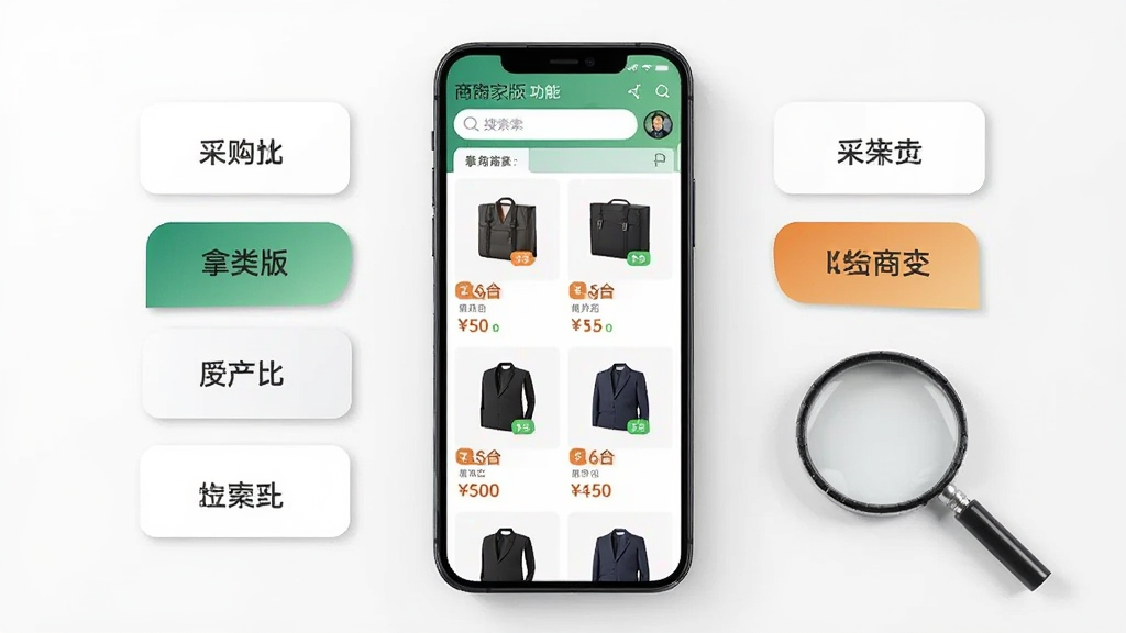 �ɹ������û��̼Ұ湦��չʾͼ����������Ϊһ���ֻ���Ļ����Ļ����ʾ����Ŀ��Ʒ�������������Ա߷��÷����ǩ��Ƭ��Ŵ󾵵��ߣ����־��жԳƣ���������죬ϸ�ڱ�����Ʒ����ͼ��۸��ǩ�����������ɾ�