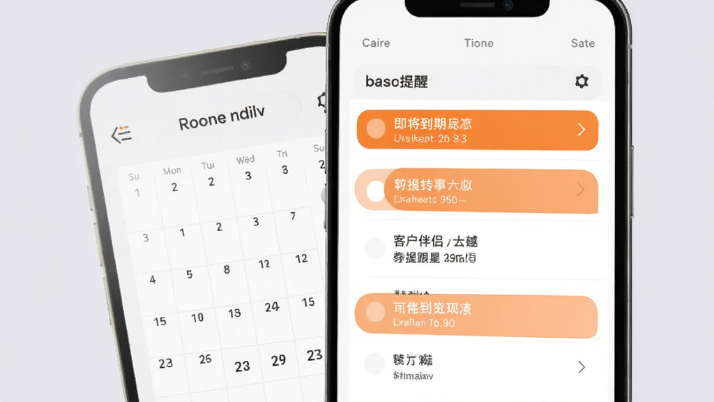 客户伴侣跟进提醒界面,手机屏幕显示日历与待办提醒列表,橙色高亮标注即将到期事项,背景为柔和浅灰,风格清新简洁,排版清晰,高清画质,无杂乱元素