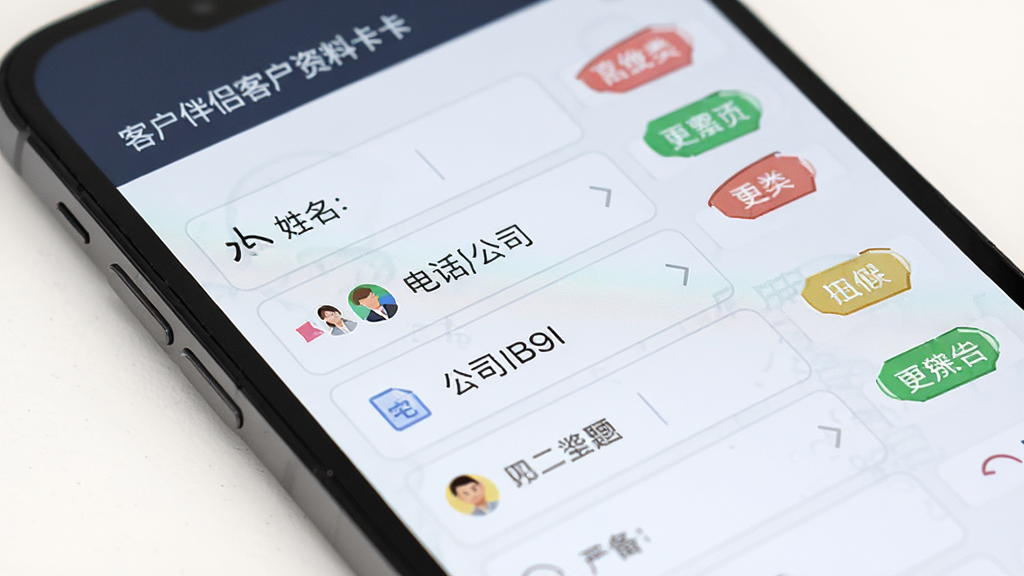 客户伴侣客户资料卡片界面,手机屏幕特写,展示姓名电话公司等字段整齐排列,旁边有彩色标签分类,浅色背景,界面清爽,风格简约商务,细节锐利,高清画质,画面干净