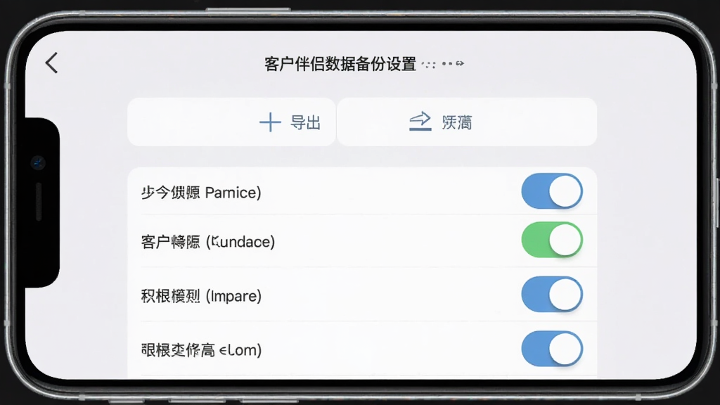 客户伴侣数据备份设置界面,手机屏幕展示导出与导入按钮及权限开关列表,浅灰背景,风格简洁实用,排版清晰,高清画质,画面干净无杂物