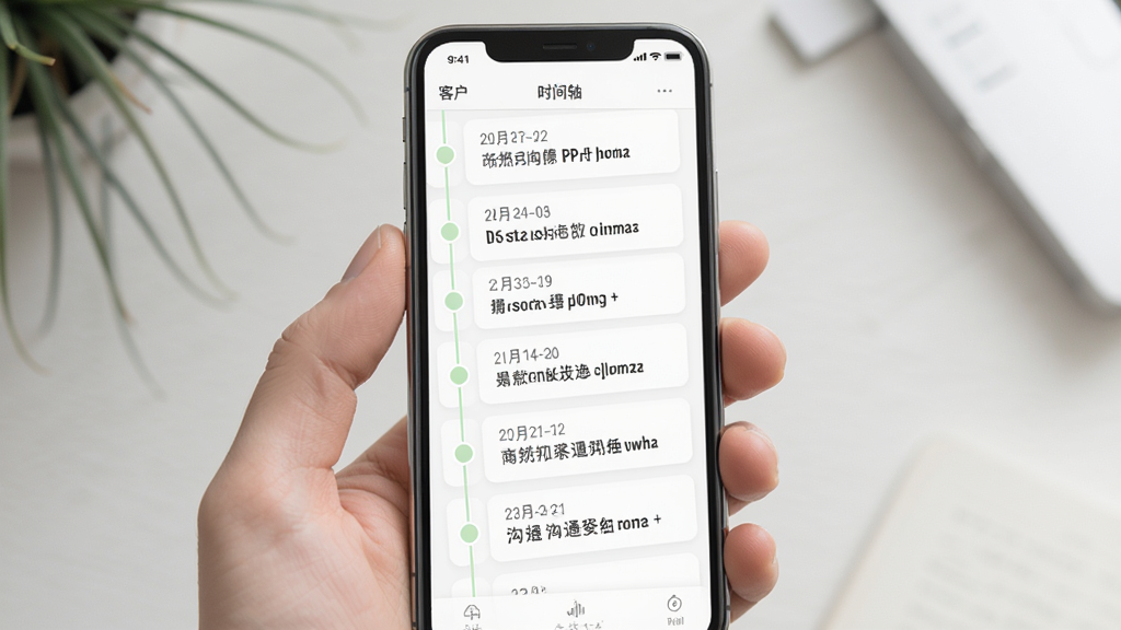 客户伴侣沟通记录时间轴界面,手机屏幕竖向展示多条带日期的文字记录条目,左侧有时间线圆点,浅绿色点缀,风格素雅极简,排版规整,高清画质,画面干净